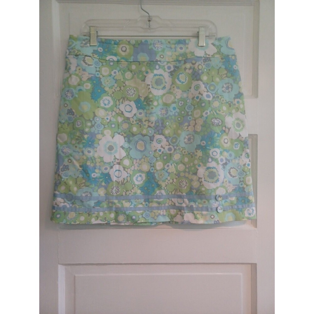 Sigrid Olsen floral short slim skirt 12 cotton stretch bow detail preppy retro